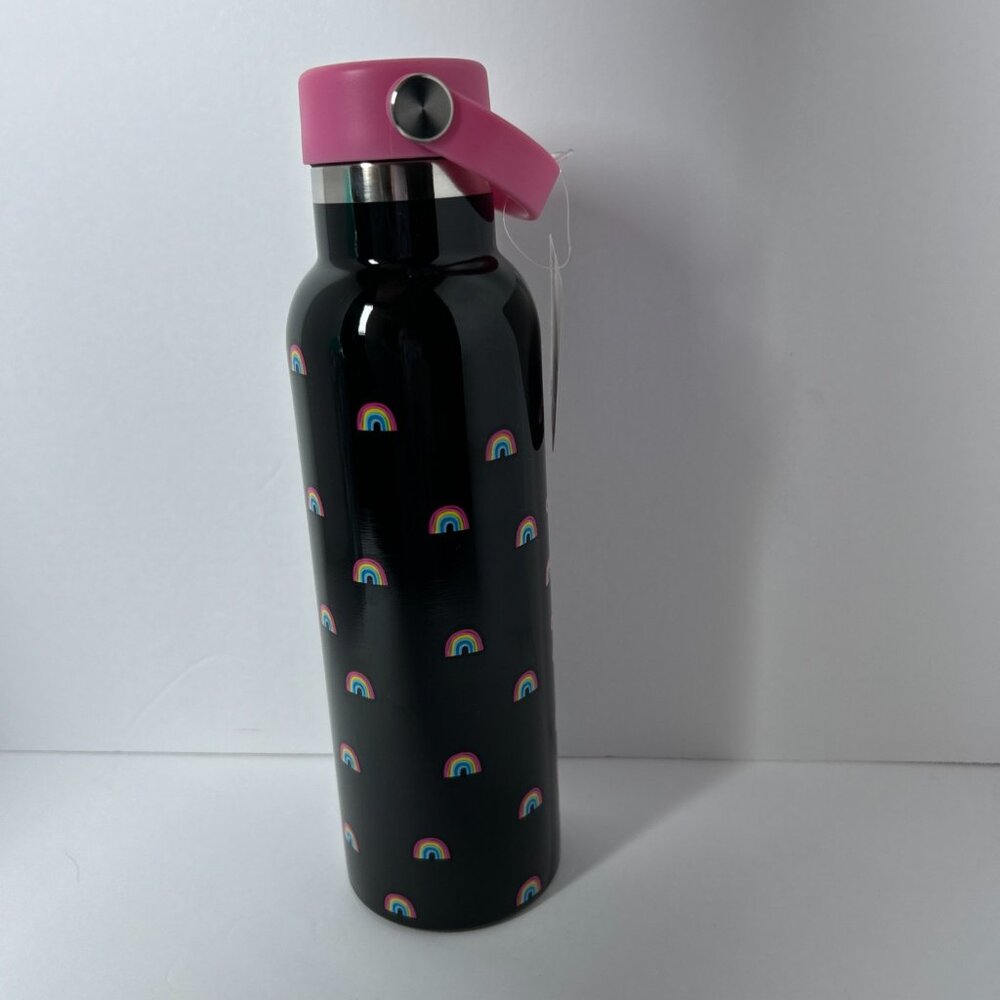 Claire’s Girls 20oz Stainless Steel Water Bottle Optimist Black Pink Rainbow NWT - Picture 6 of 10
